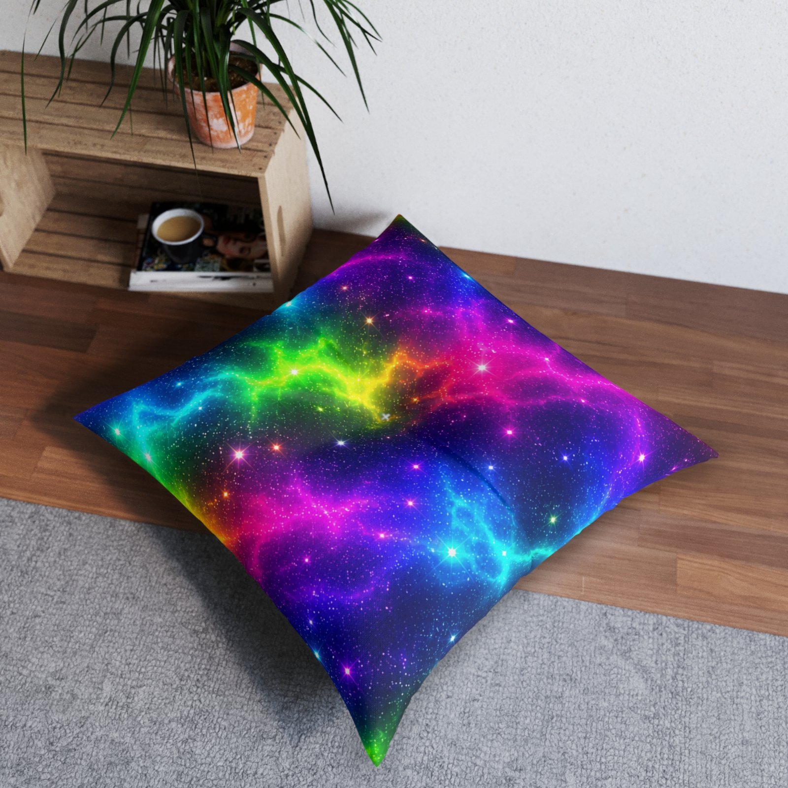 Galaxy Rainbow Tufted Floor Pillow — Colorful Nebula Square Cushion Hello Childies - Image 8