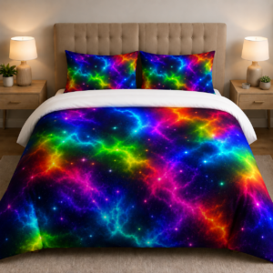 Galaxy Rainbow Cotton Bed Set – Neon Space Duvet Cover & Pillowcases Hello Childies