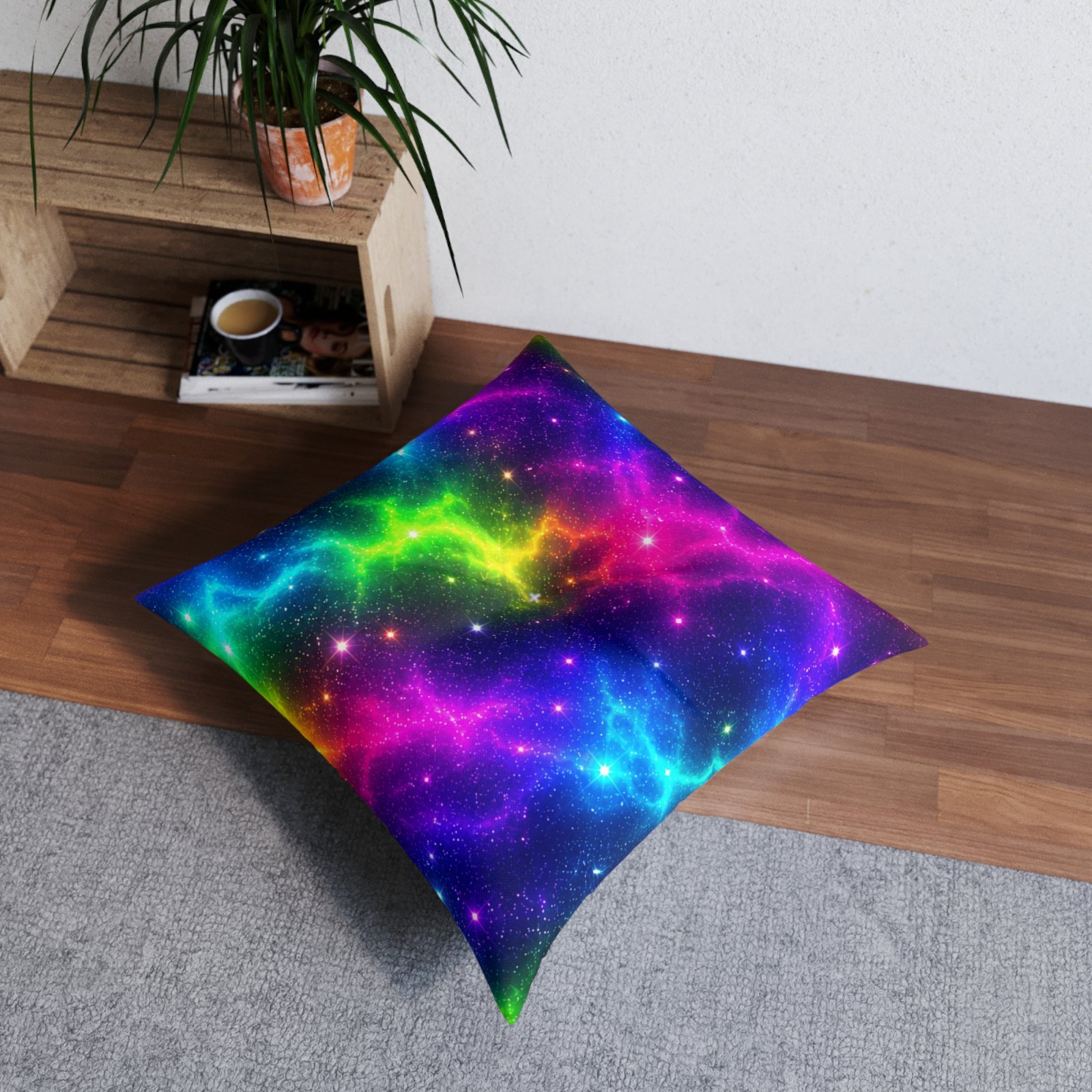 Galaxy Rainbow Tufted Floor Pillow — Colorful Nebula Square Cushion Hello Childies - Image 4