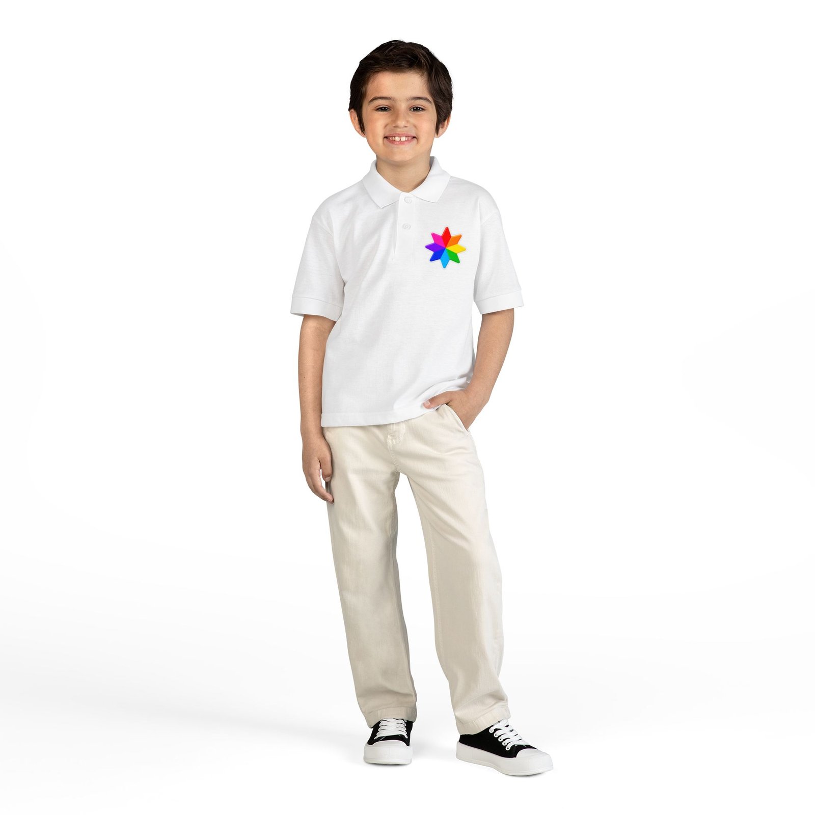 Kids Polo Shirt with Rainbow Star Emblem — Colorful Youth School Uniform Polo